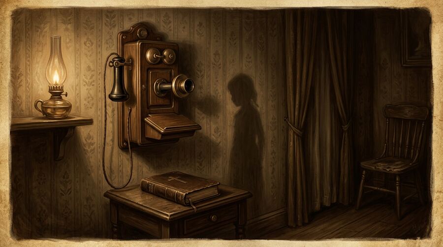 Ilustração sépia: telefone de parede antigo com Bíblia fechada e sombra de criança projetada na parede