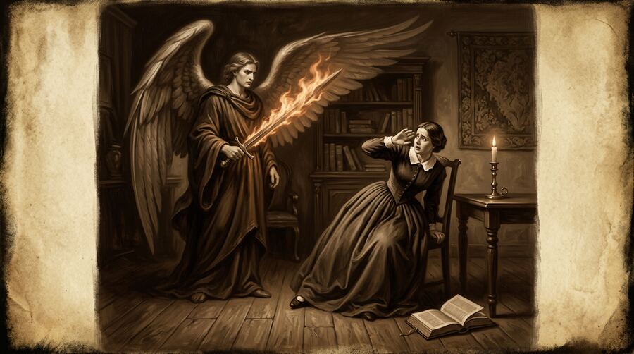 Ilustração sépia: mulher vitoriana aterrorizada diante de anjo com espada flamejante