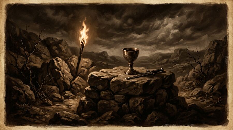 Ilustração sépia: altar de pedra com cálice e adaga sob tocha, céu tempestuoso