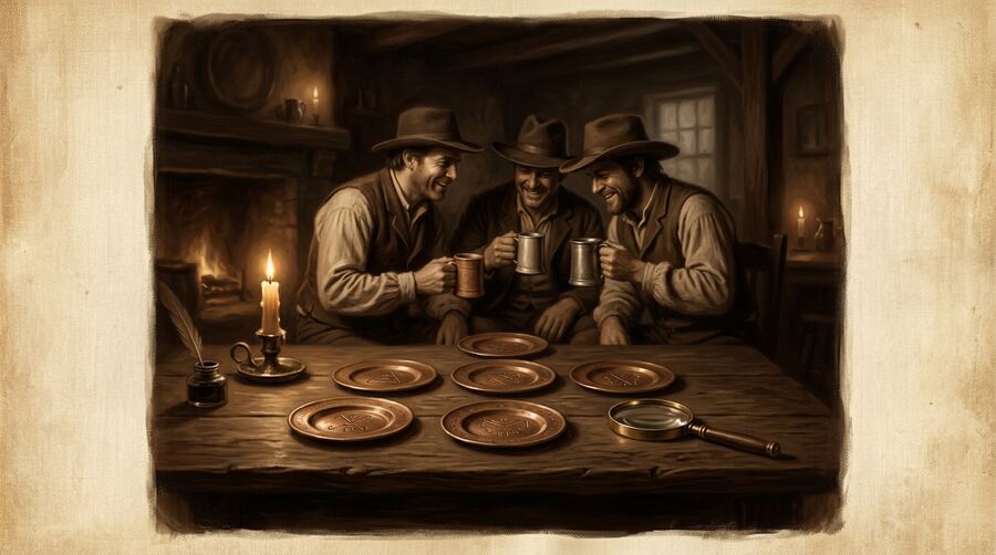 Ilustração sépia: seis placas de cobre em forma de sino sobre mesa de taverna, três homens rindo ao fundo