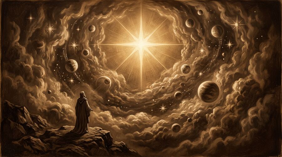 Ilustração sépia: figura contemplando um cosmos com estrela central radiante e planetas orbitando