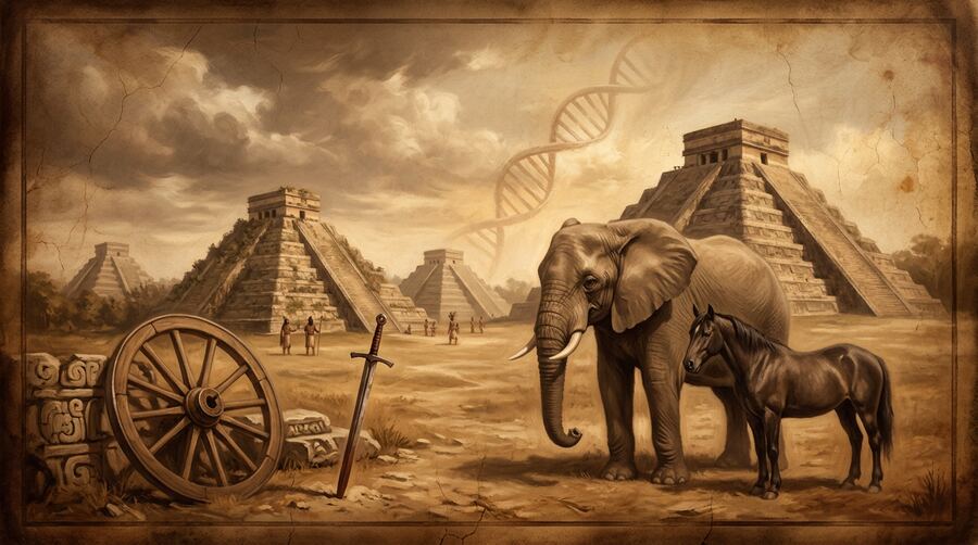Ilustração sépia: pirâmides mesoamericanas com elefante, cavalo, espada e hélice de DNA — anacronismos reunidos