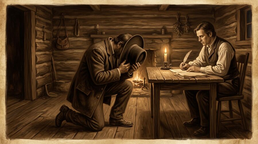 Ilustração sépia: homem com rosto dentro de um chapéu ditando enquanto escrivão anota à luz de vela