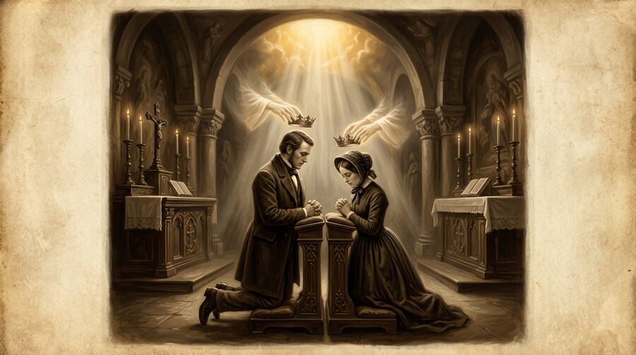 Ilustração sépia: casal ajoelhado em altar de templo com coroas descendo dos céus