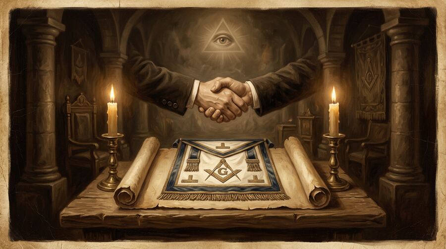 Ilustração sépia: avental maçônico com esquadro e compasso sobre altar, mãos em aperto ritualístico, olho que tudo vê acima